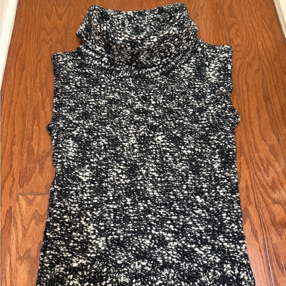 Ann Taylor 100% Wool Sleeveless Turtleneck Sweater Black White Marled Knit Small